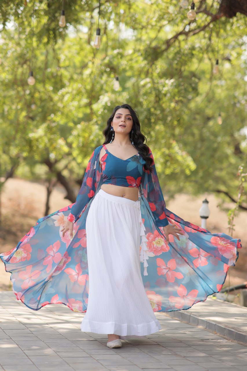 Floral Print Faux Georgette Lehenga Choli with Shrug