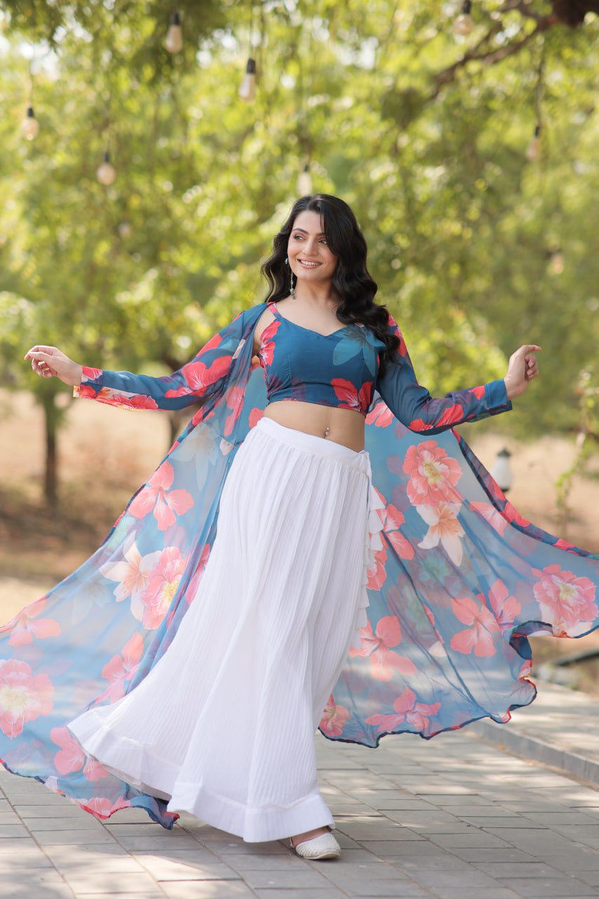 Floral Print Faux Georgette Lehenga Choli with Shrug
