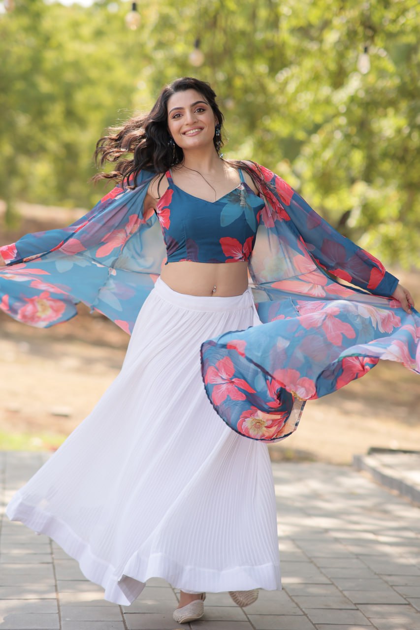 Floral Print Faux Georgette Lehenga Choli with Shrug