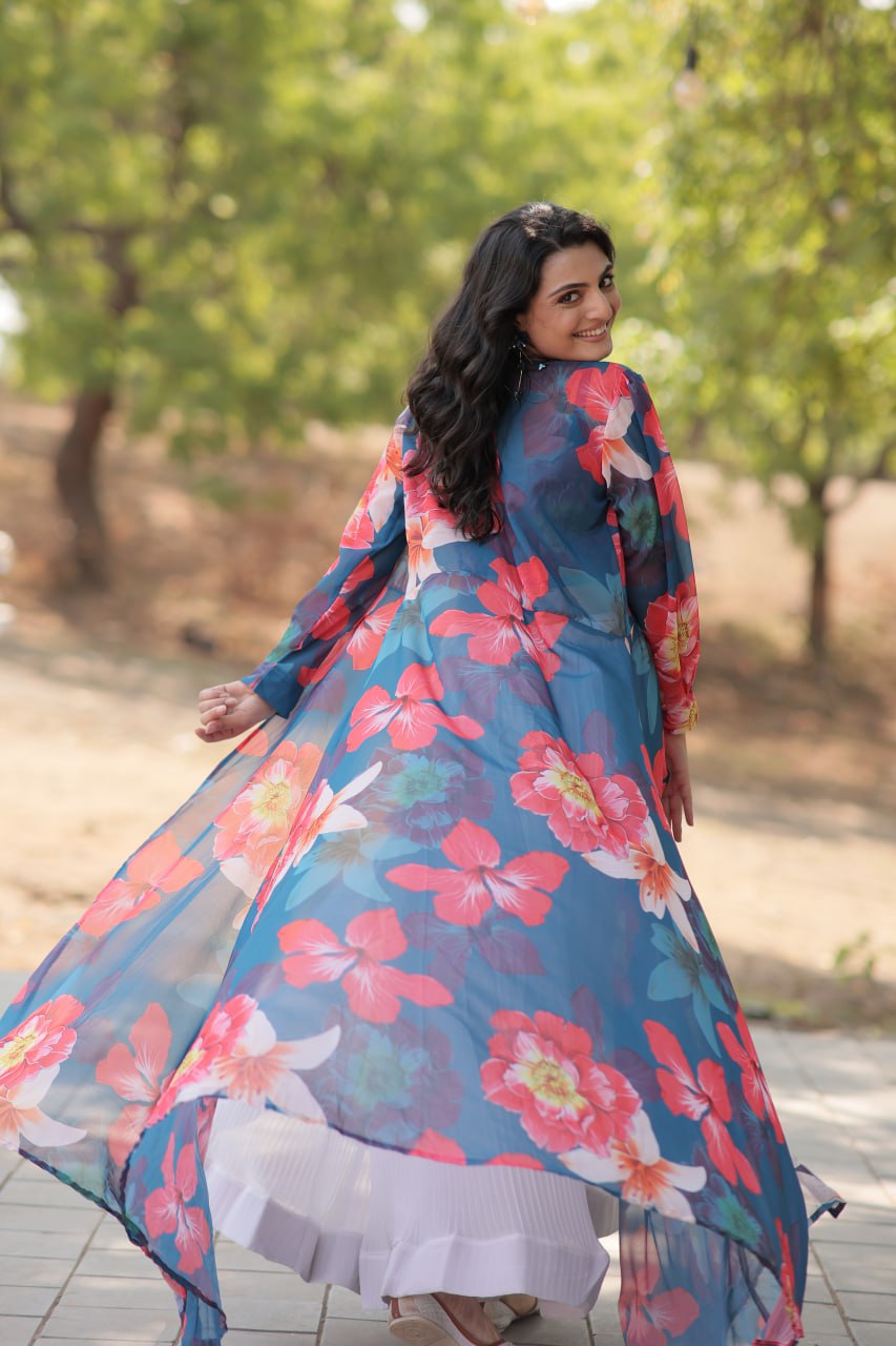 Floral Print Faux Georgette Lehenga Choli with Shrug