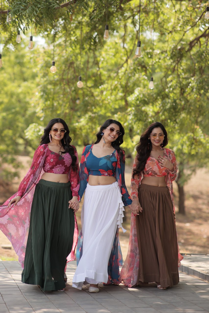 Floral Print Faux Georgette Lehenga Choli with Shrug