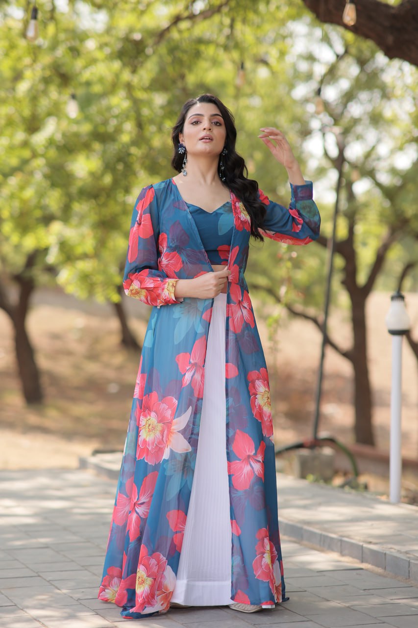 Floral Print Faux Georgette Lehenga Choli with Shrug