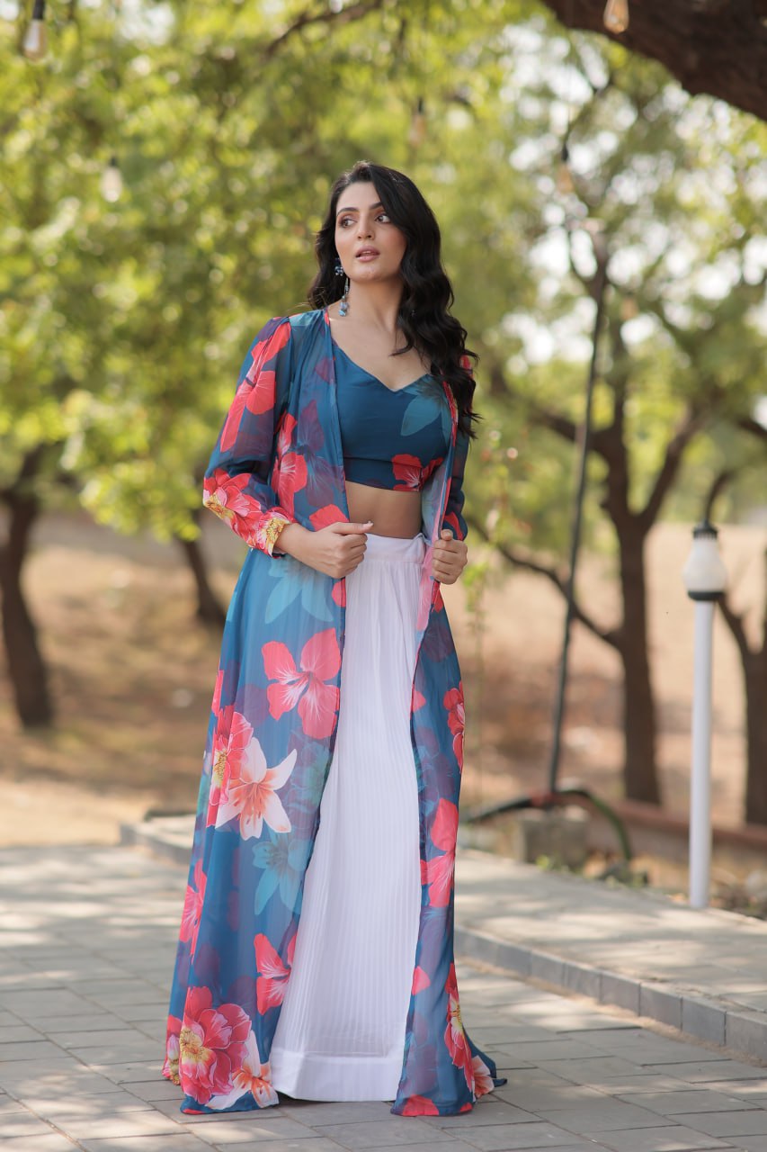 Floral Print Faux Georgette Lehenga Choli with Shrug