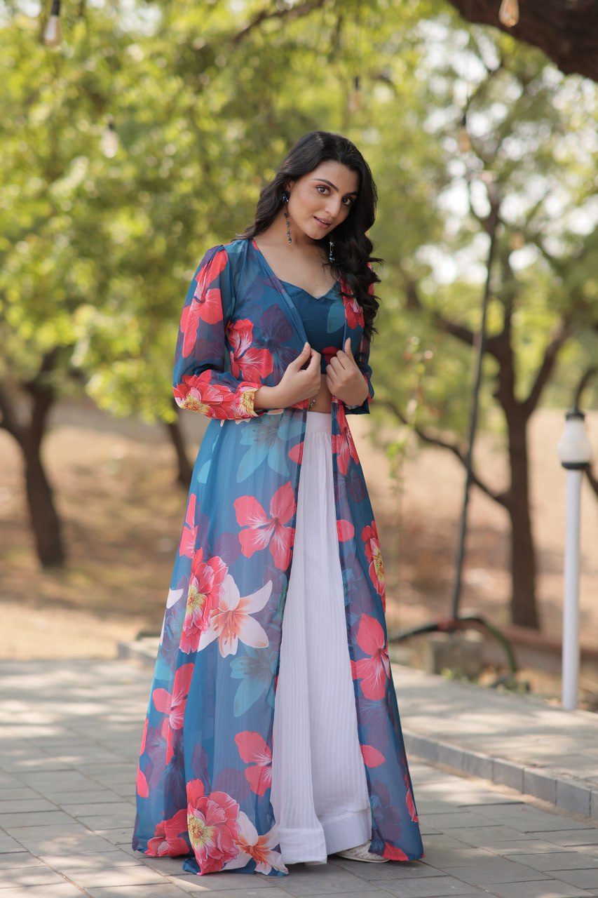 Floral Print Faux Georgette Lehenga Choli with Shrug