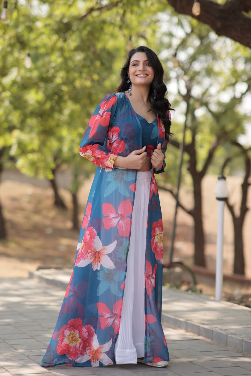 Floral Print Faux Georgette Lehenga Choli with Shrug