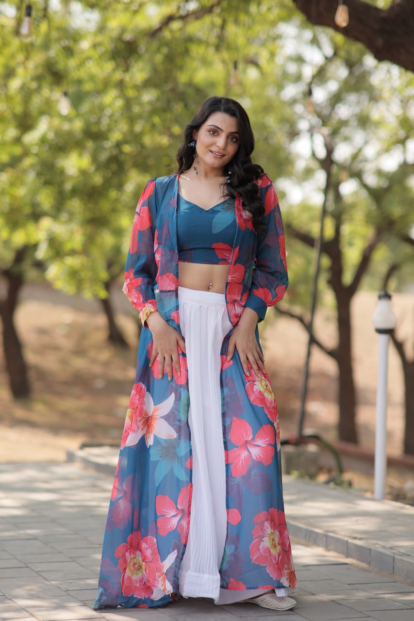 Floral Print Faux Georgette Lehenga Choli with Shrug