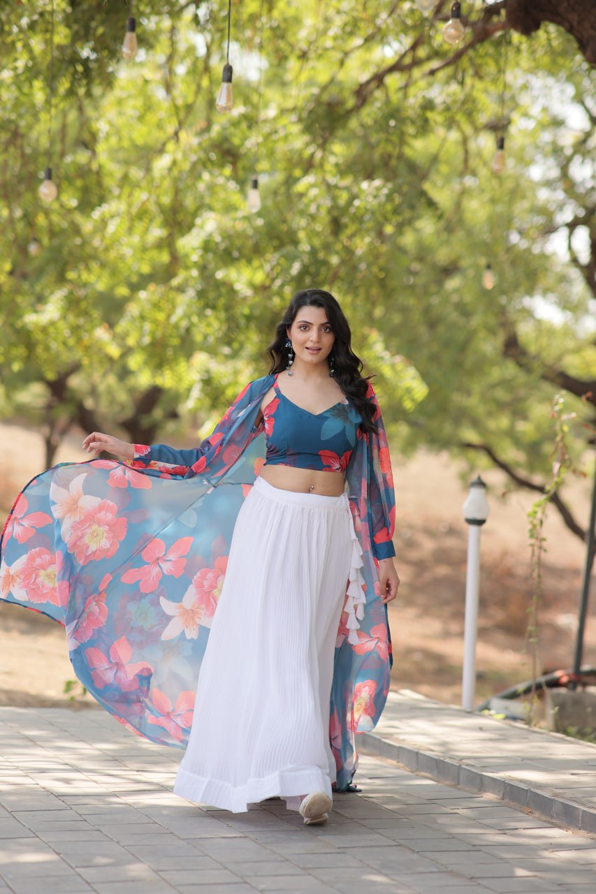 Floral Print Faux Georgette Lehenga Choli with Shrug