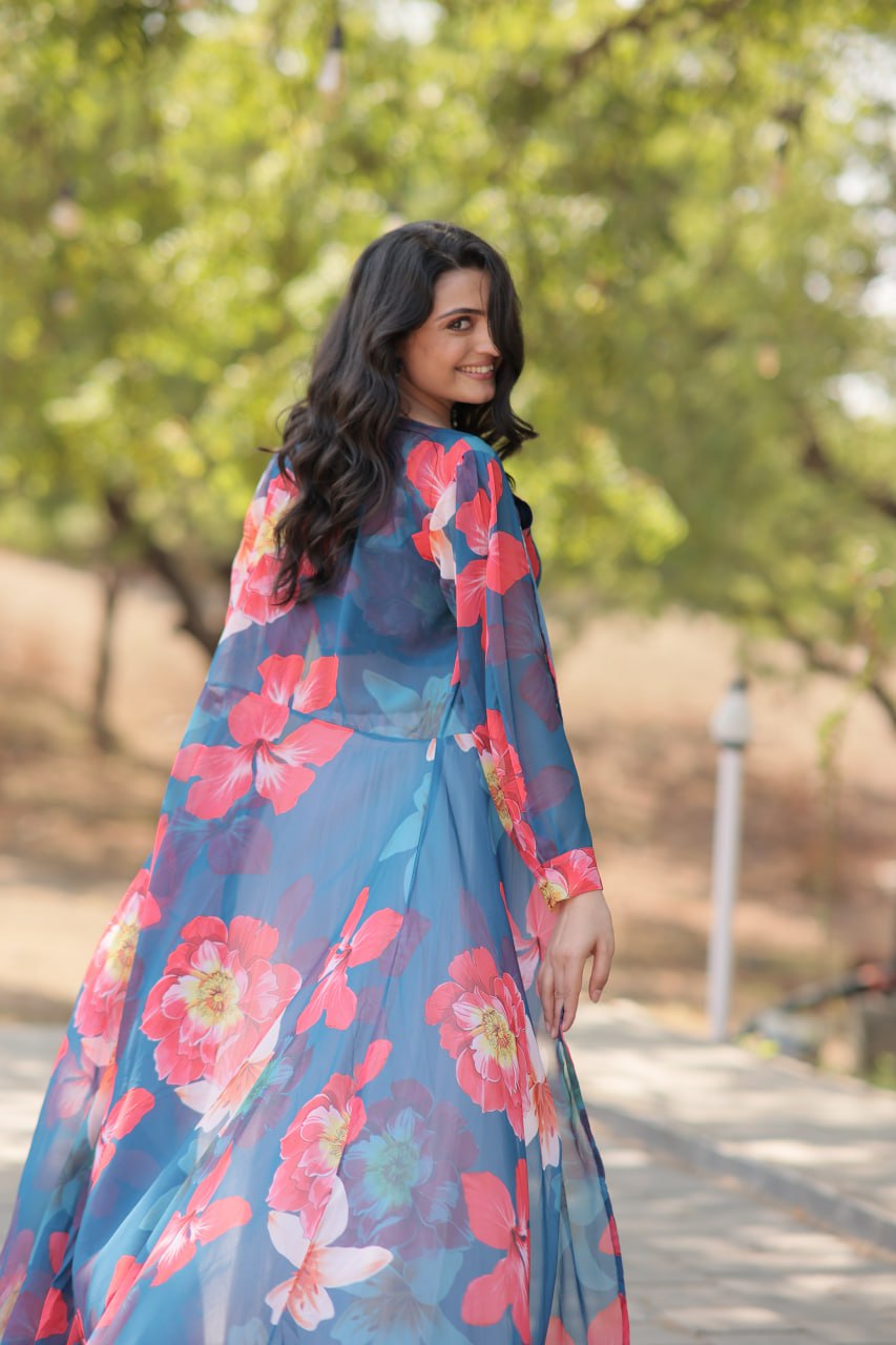 Floral Print Faux Georgette Lehenga Choli with Shrug