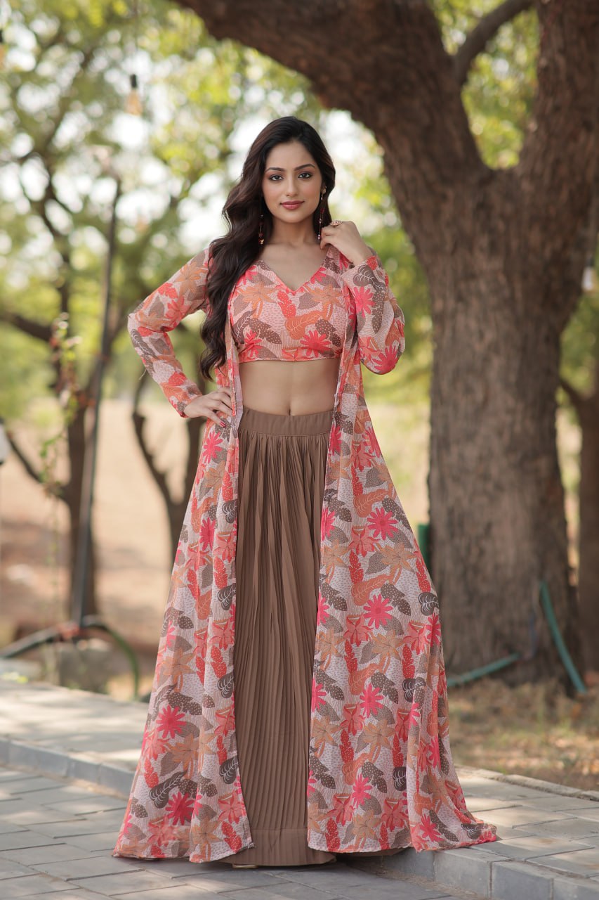 Floral Print Faux Georgette Lehenga Choli with Shrug