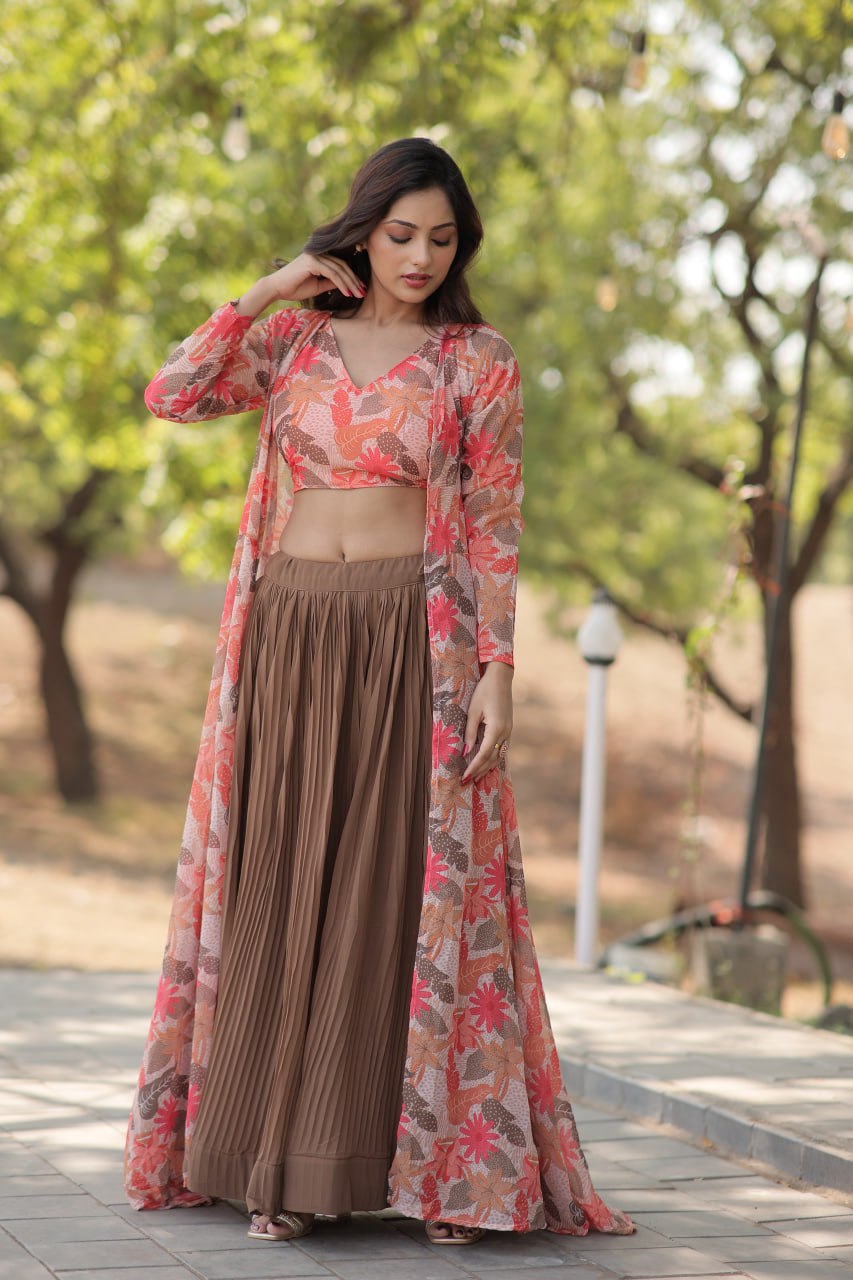Floral Print Faux Georgette Lehenga Choli with Shrug