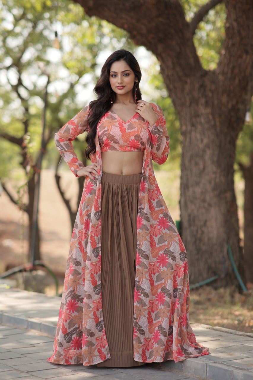 Floral Print Faux Georgette Lehenga Choli with Shrug