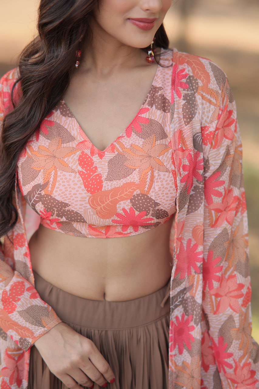 Floral Print Faux Georgette Lehenga Choli with Shrug