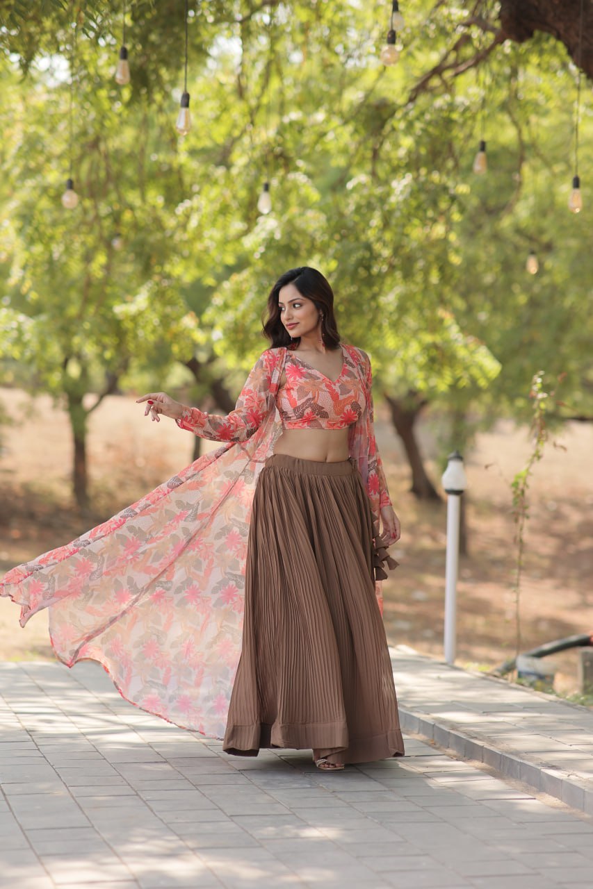 Floral Print Faux Georgette Lehenga Choli with Shrug
