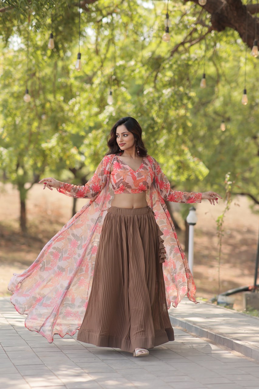 Floral Print Faux Georgette Lehenga Choli with Shrug