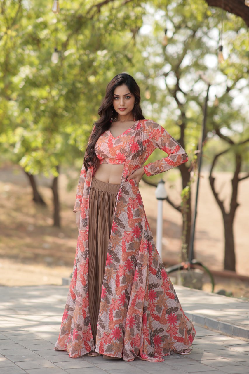 Floral Print Faux Georgette Lehenga Choli with Shrug