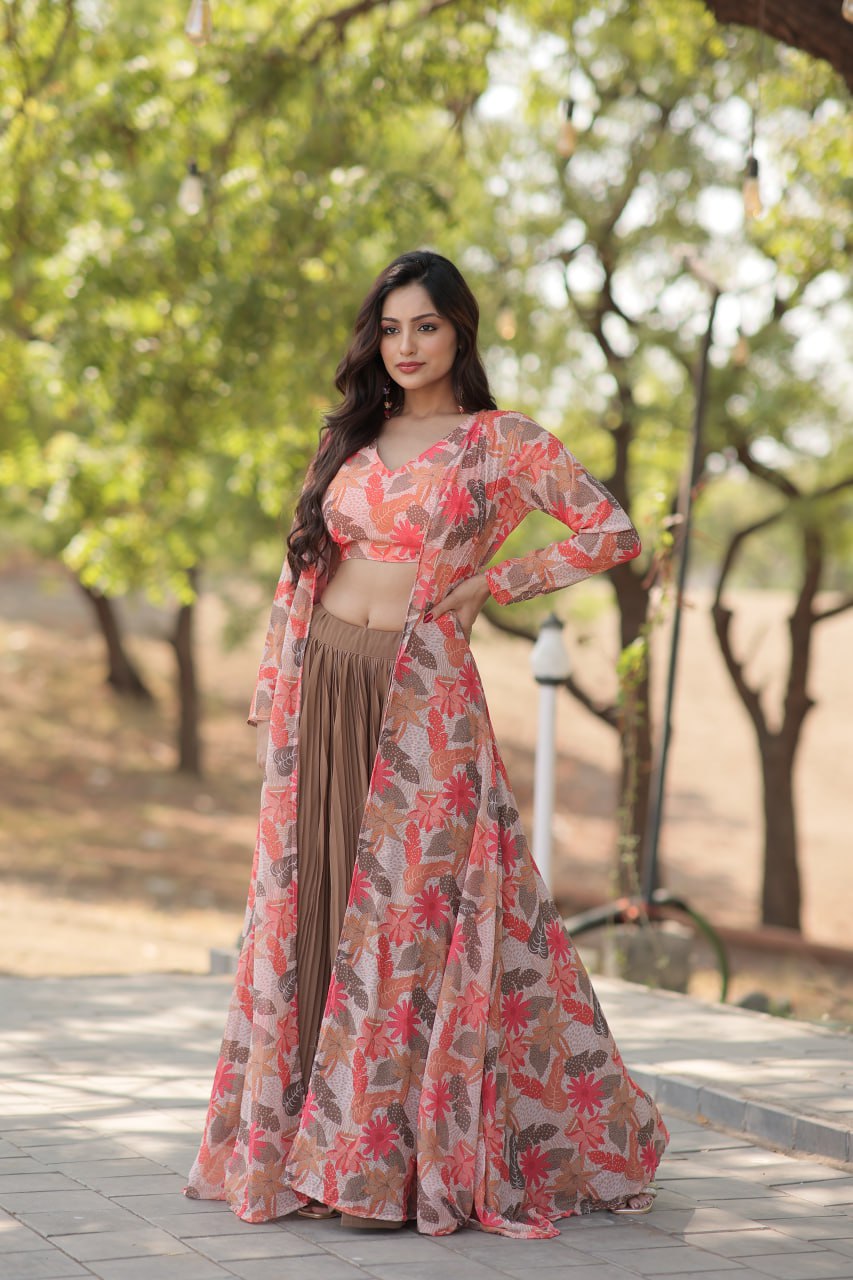 Floral Print Faux Georgette Lehenga Choli with Shrug