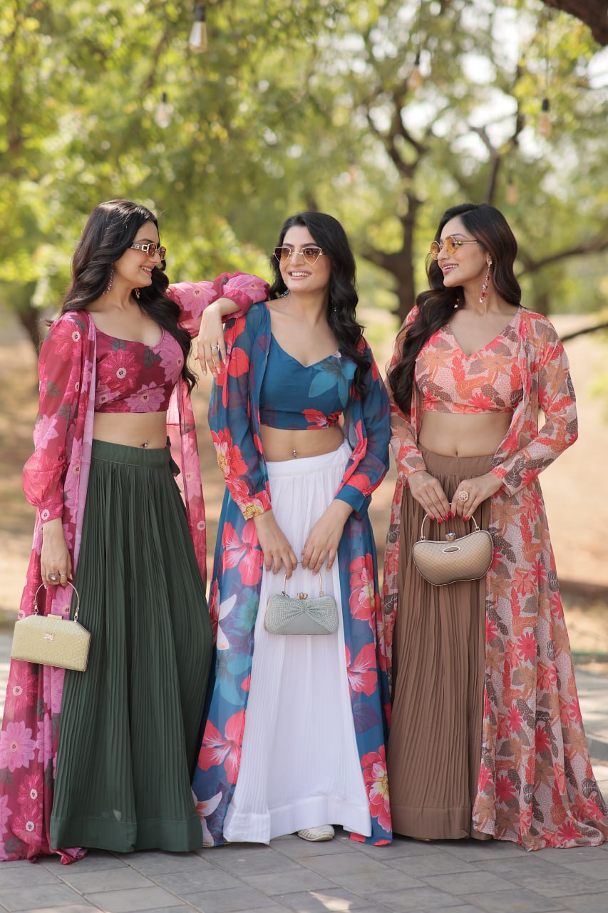 Floral Print Faux Georgette Lehenga Choli with Shrug