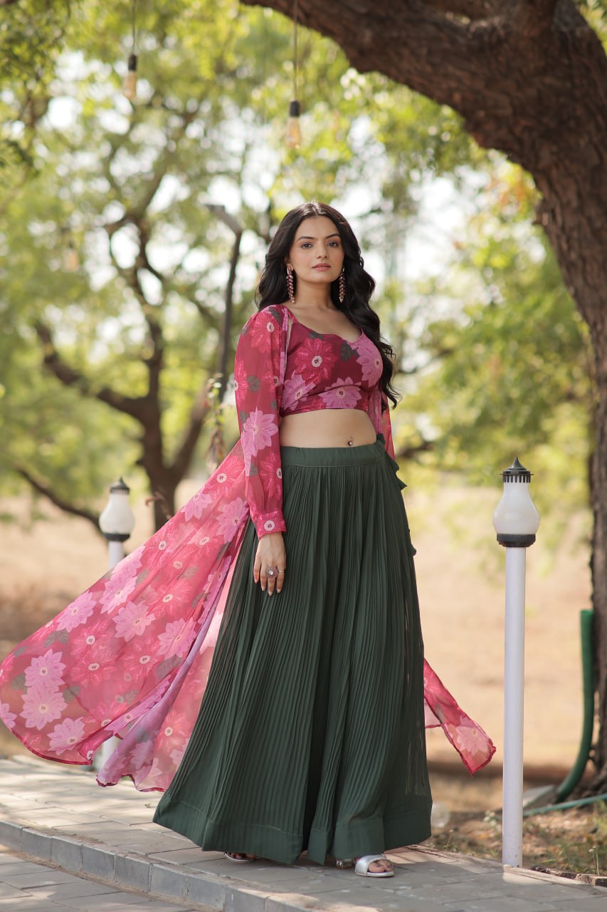 Floral Print Faux Georgette Lehenga Choli with Shrug
