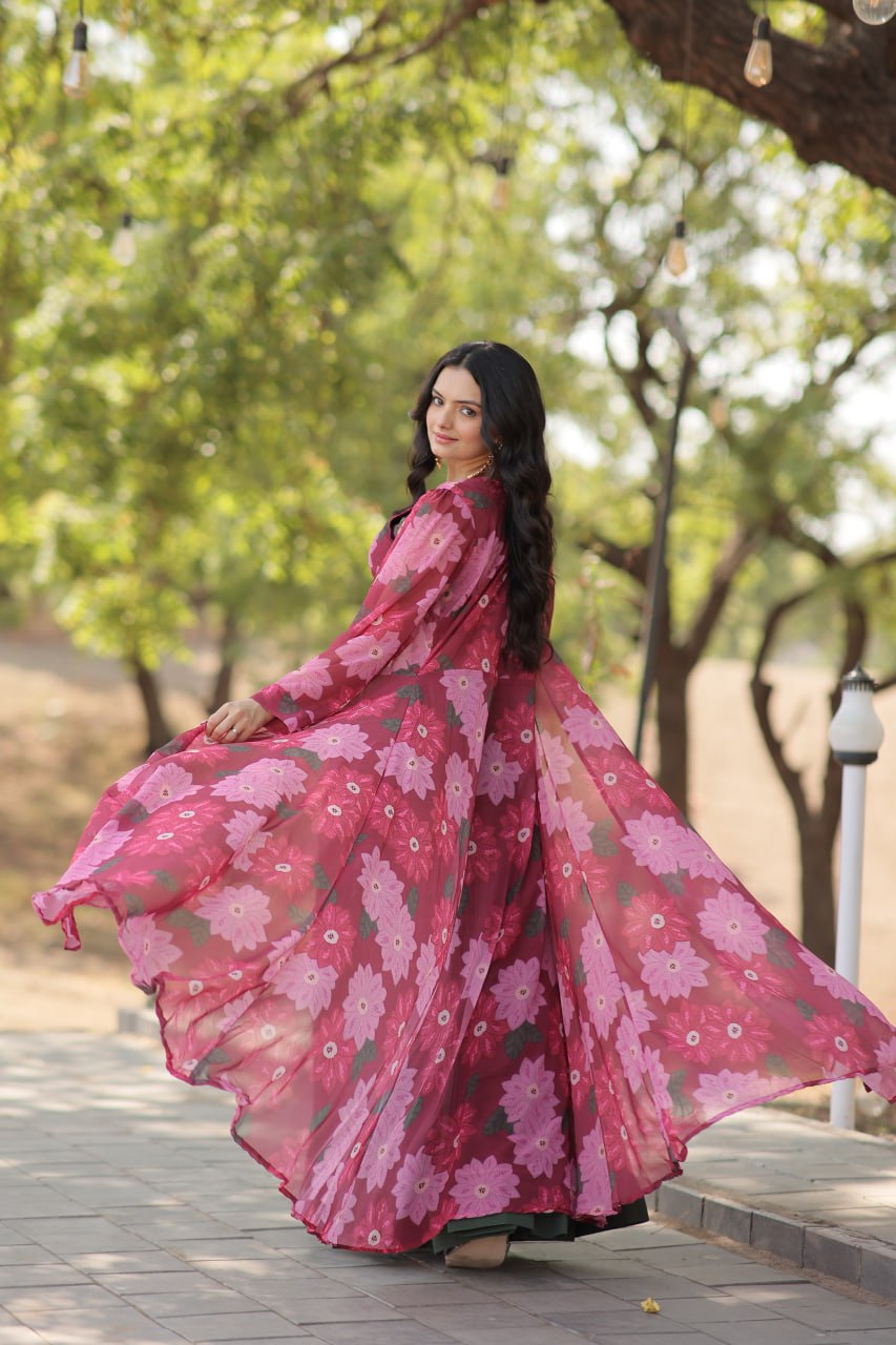 Floral Print Faux Georgette Lehenga Choli with Shrug