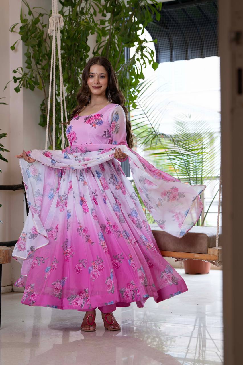 Floral Print Organza Anarkali Gown with Dupatta and Pant