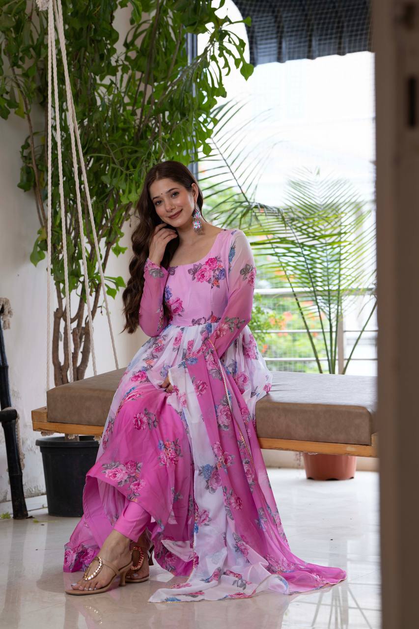 Floral Print Organza Anarkali Gown with Dupatta and Pant