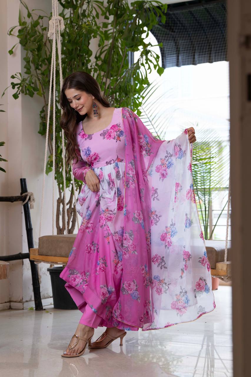 Floral Print Organza Anarkali Gown with Dupatta and Pant