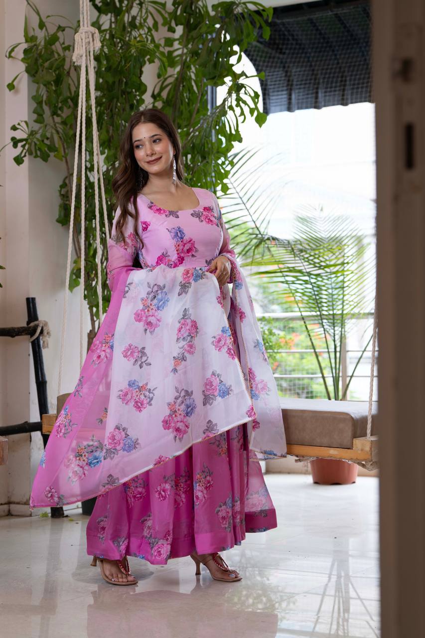 Floral Print Organza Anarkali Gown with Dupatta and Pant