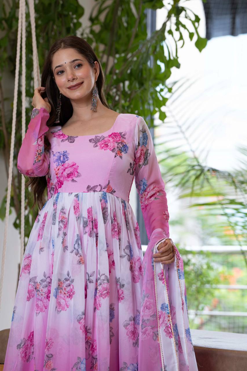 Floral Print Organza Anarkali Gown with Dupatta and Pant