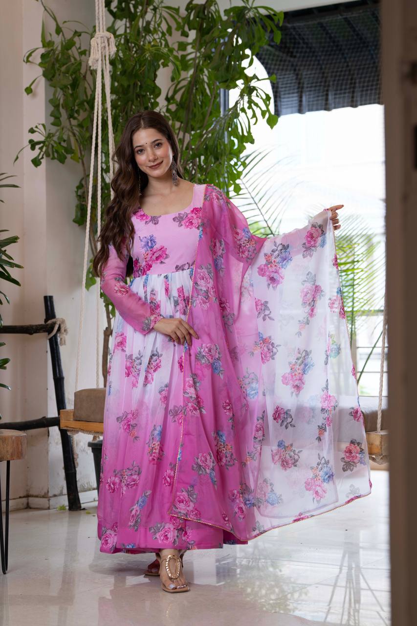 Floral Print Organza Anarkali Gown with Dupatta and Pant