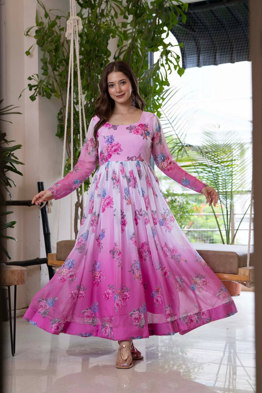 Floral Print Organza Anarkali Gown with Dupatta and Pant