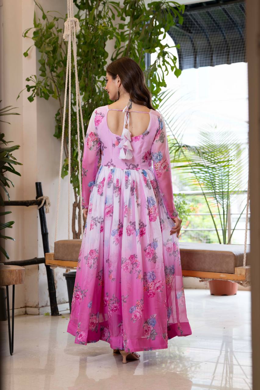 Floral Print Organza Anarkali Gown with Dupatta and Pant