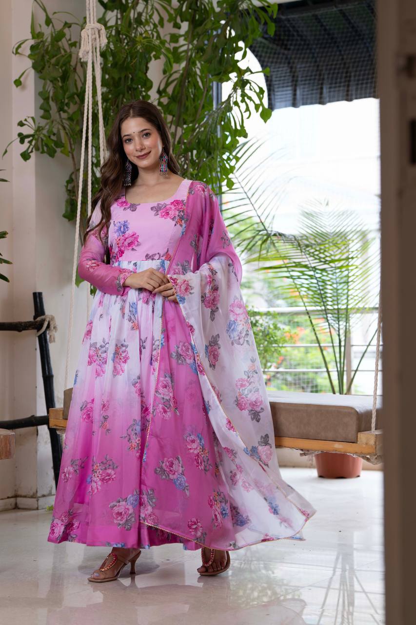 Floral Print Organza Anarkali Gown with Dupatta and Pant