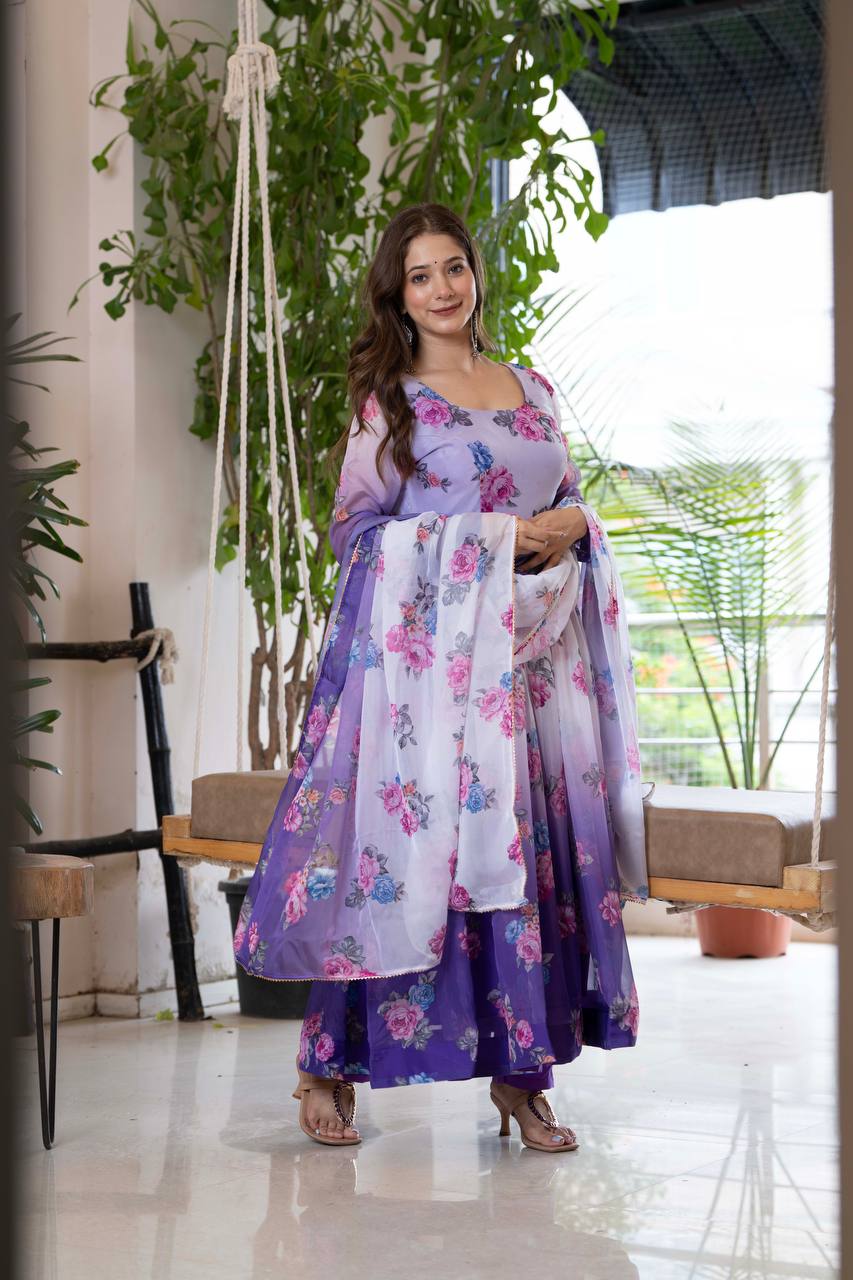 Floral Print Organza Umbrella Suit with Pant and Dupatta