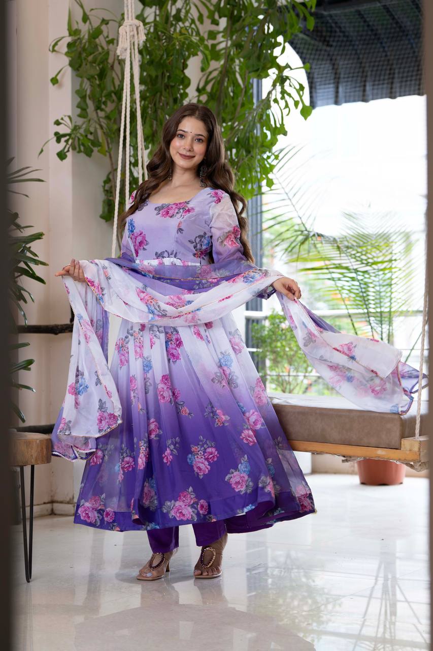 Floral Print Organza Umbrella Suit with Pant and Dupatta
