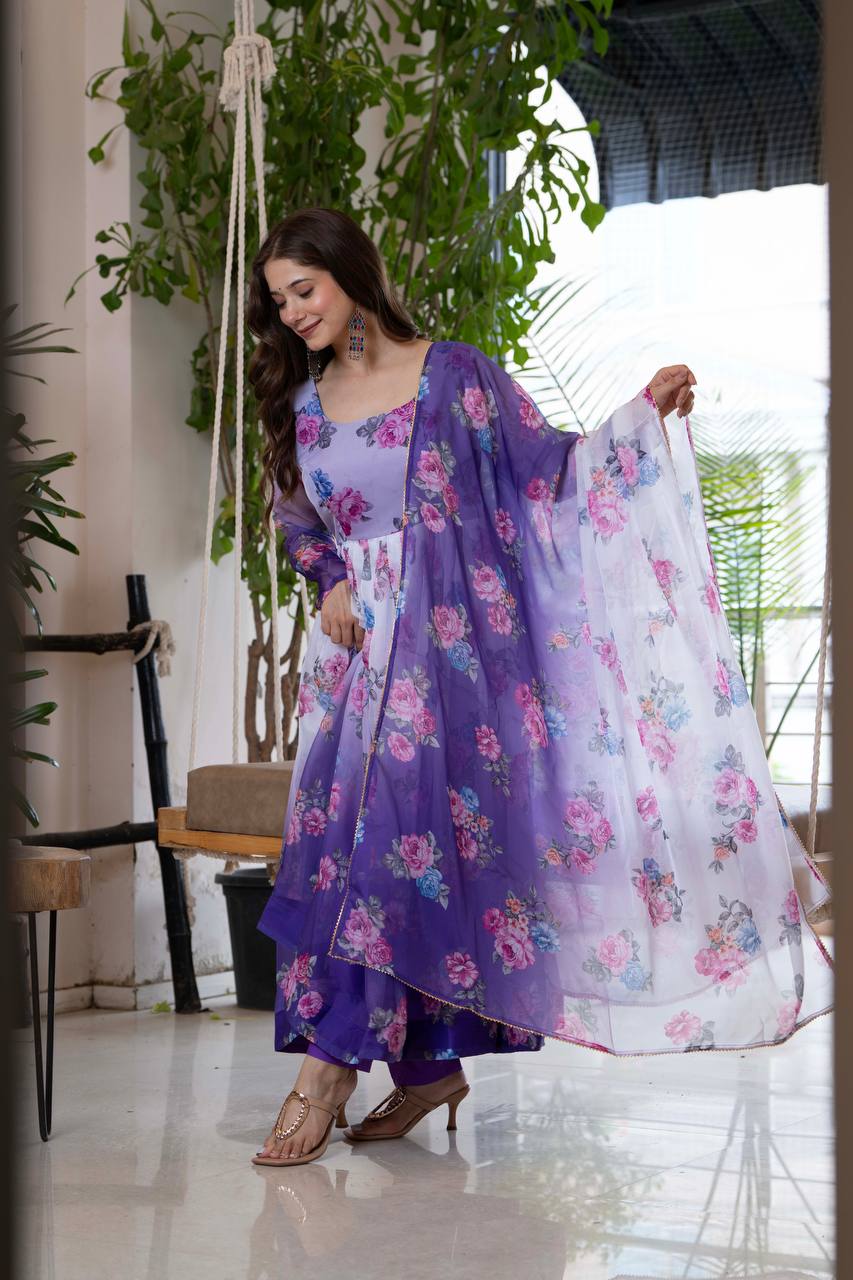 Floral Print Organza Umbrella Suit with Pant and Dupatta