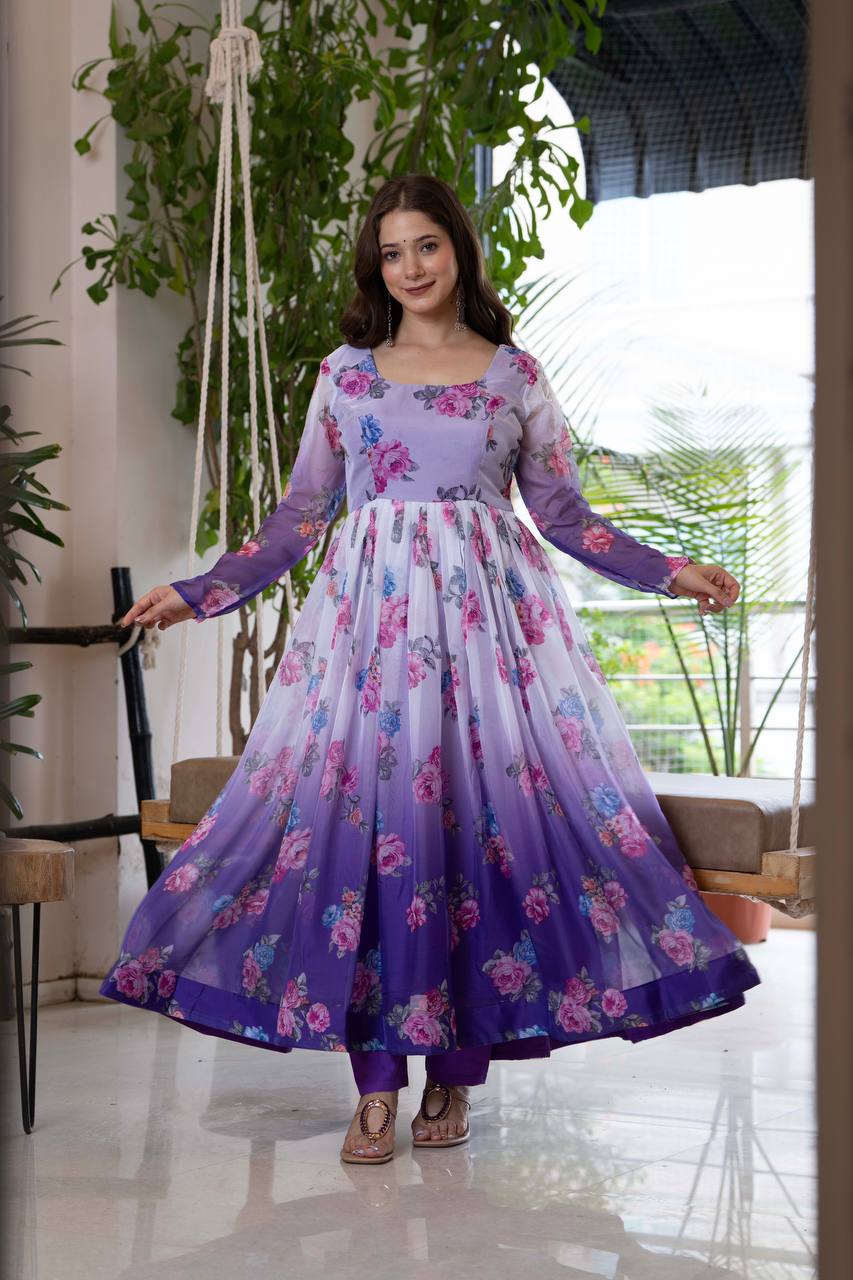 Floral Print Organza Umbrella Suit with Pant and Dupatta