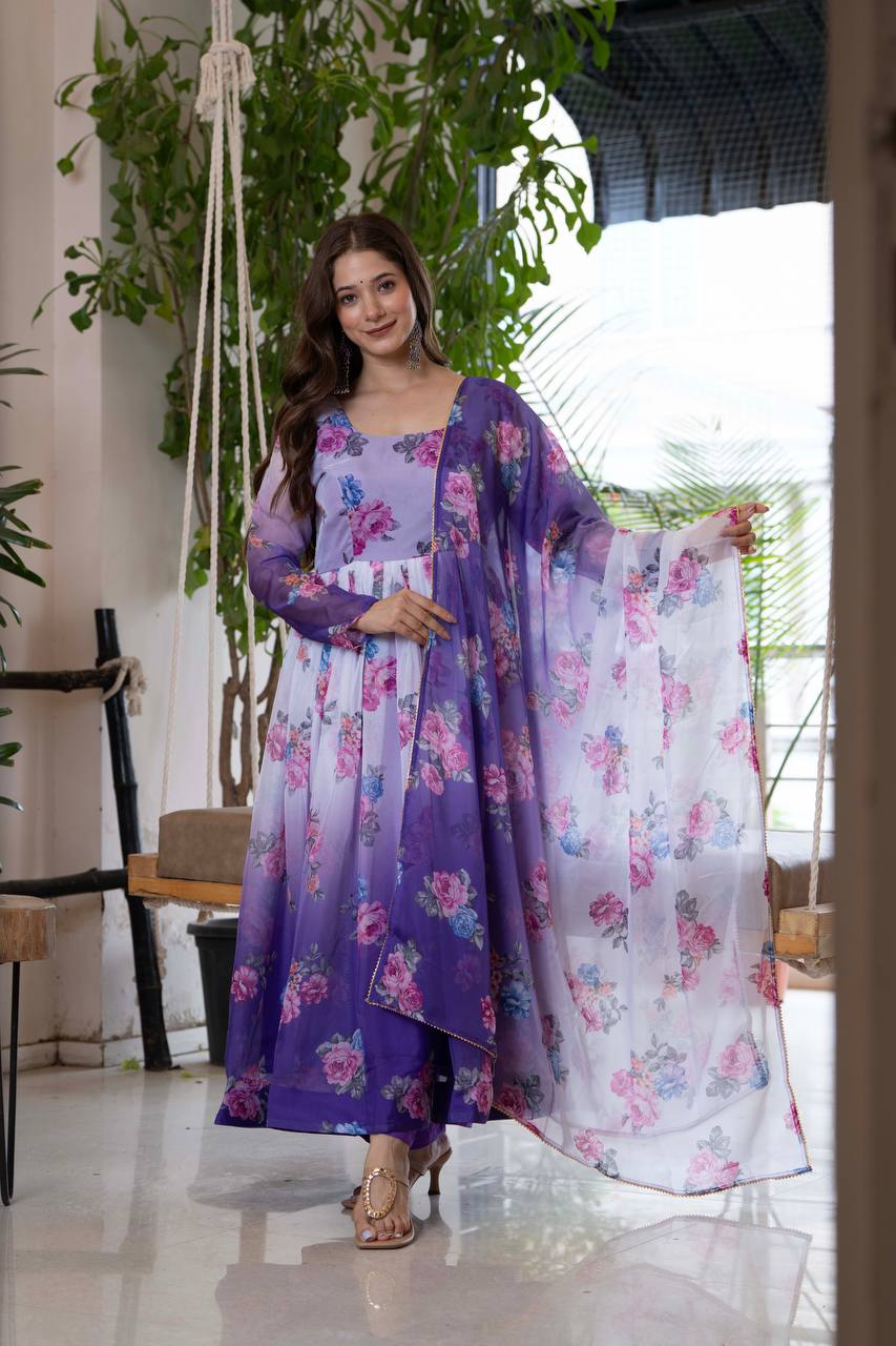 Floral Print Organza Umbrella Suit with Pant and Dupatta