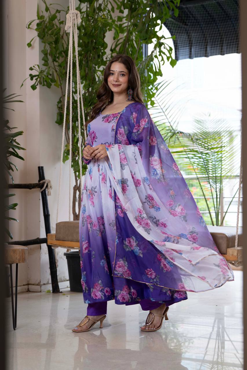 Floral Print Organza Umbrella Suit with Pant and Dupatta