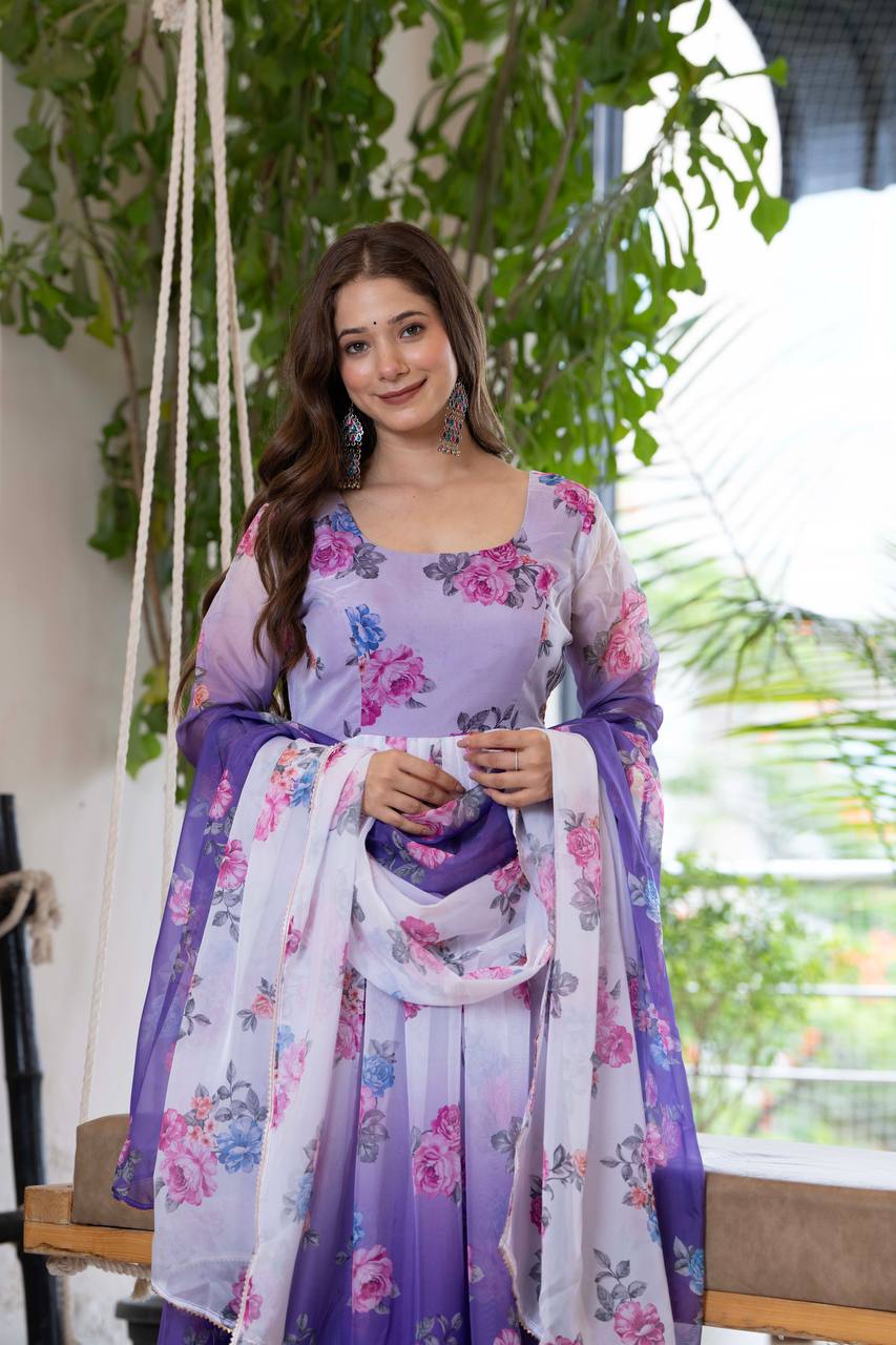 Floral Print Organza Umbrella Suit with Pant and Dupatta