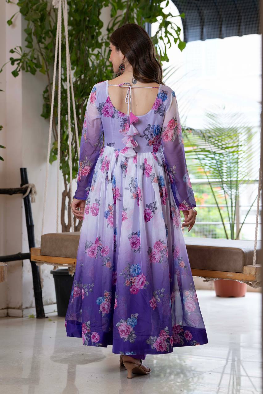 Floral Print Organza Umbrella Suit with Pant and Dupatta