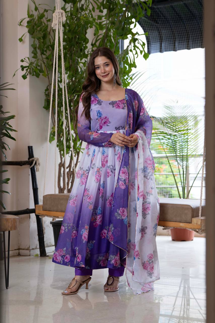 Floral Print Organza Umbrella Suit with Pant and Dupatta
