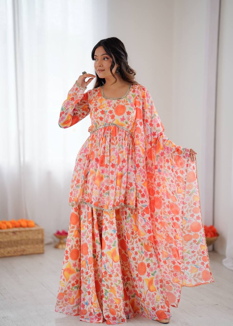 Floral Print Taby Organza Kediya Style Kurta with Palazzo and Dupatta