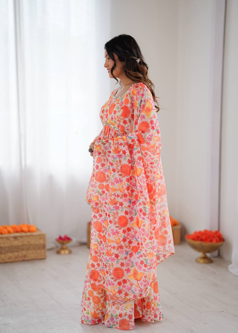 Floral Print Taby Organza Kediya Style Kurta with Palazzo and Dupatta