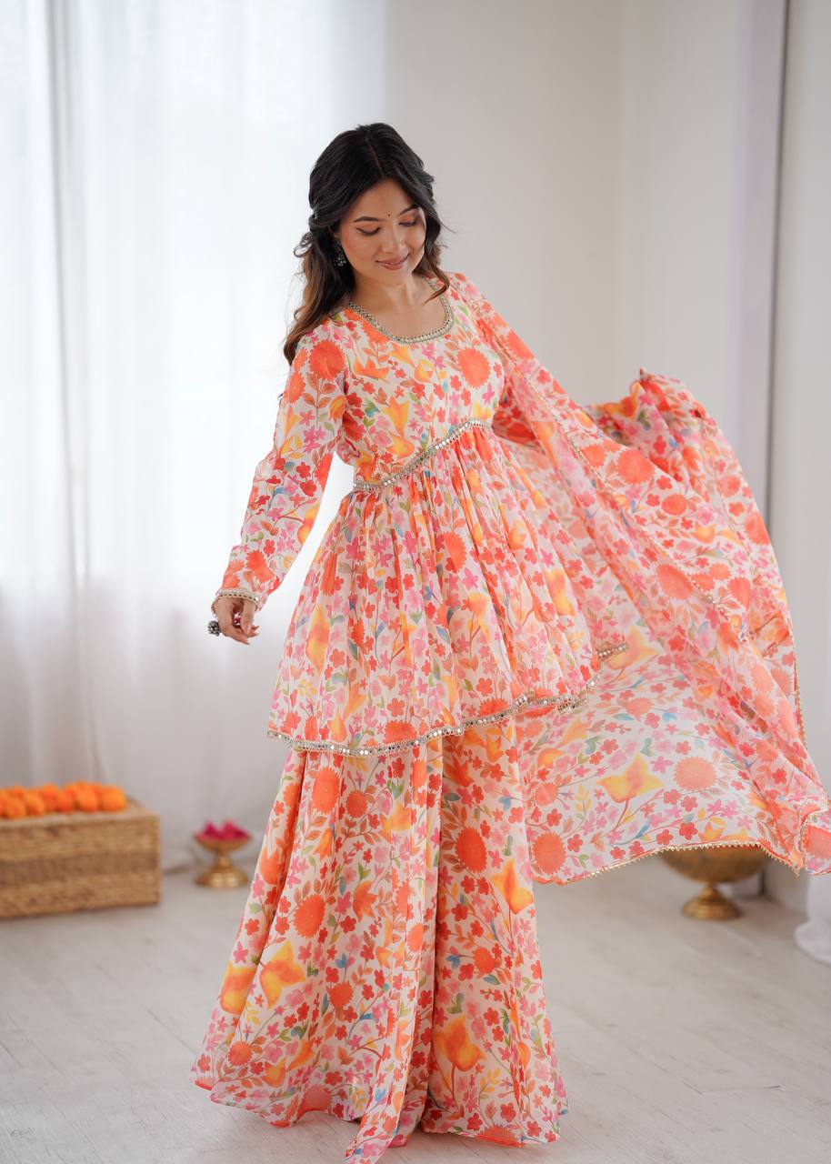 Floral Print Taby Organza Kediya Style Kurta with Palazzo and Dupatta