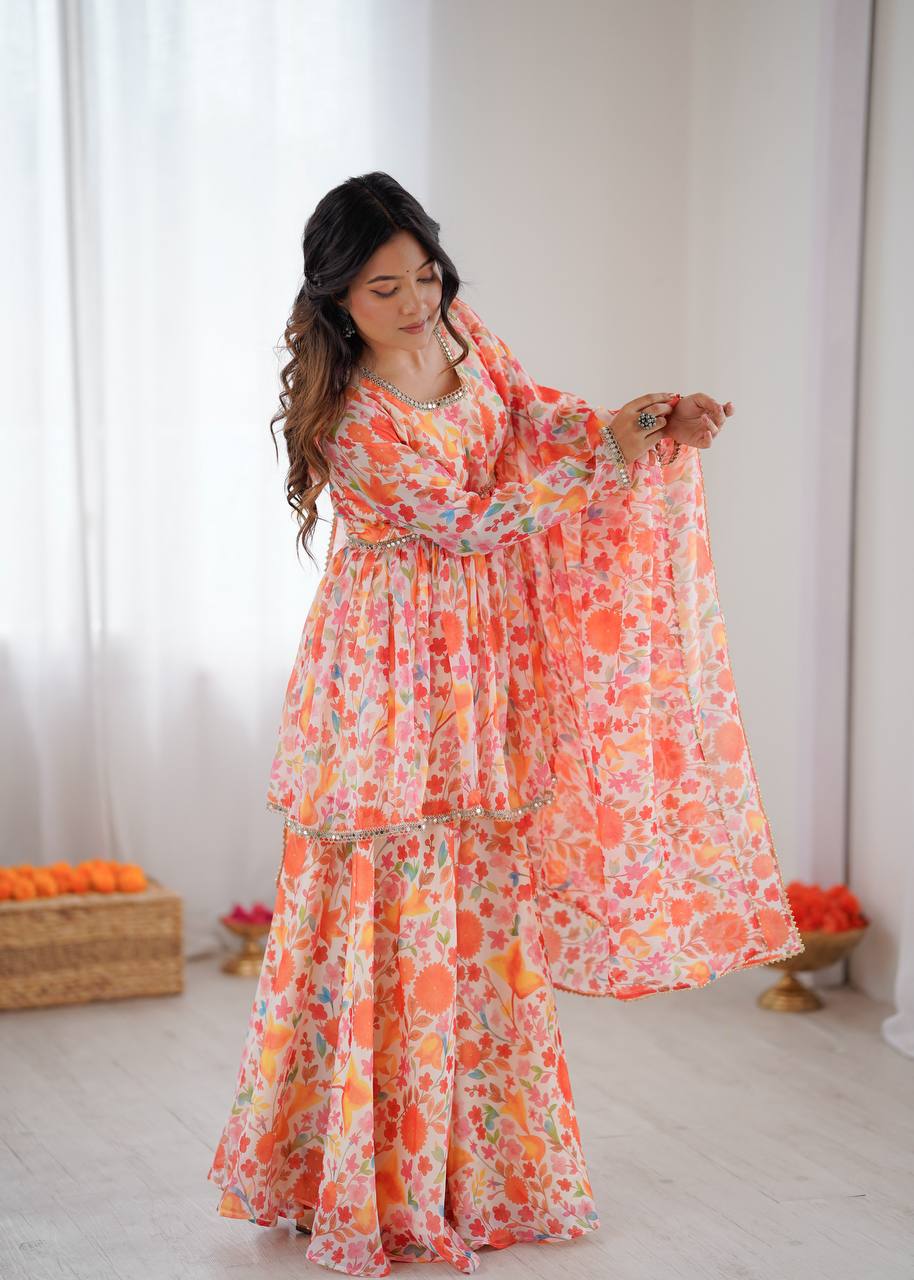 Floral Print Taby Organza Kediya Style Kurta with Palazzo and Dupatta
