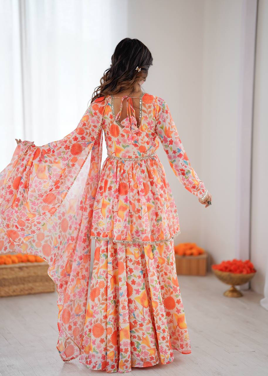 Floral Print Taby Organza Kediya Style Kurta with Palazzo and Dupatta