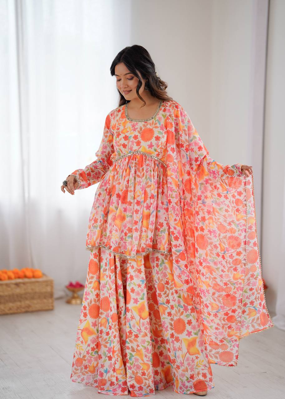 Floral Print Taby Organza Kediya Style Kurta with Palazzo and Dupatta