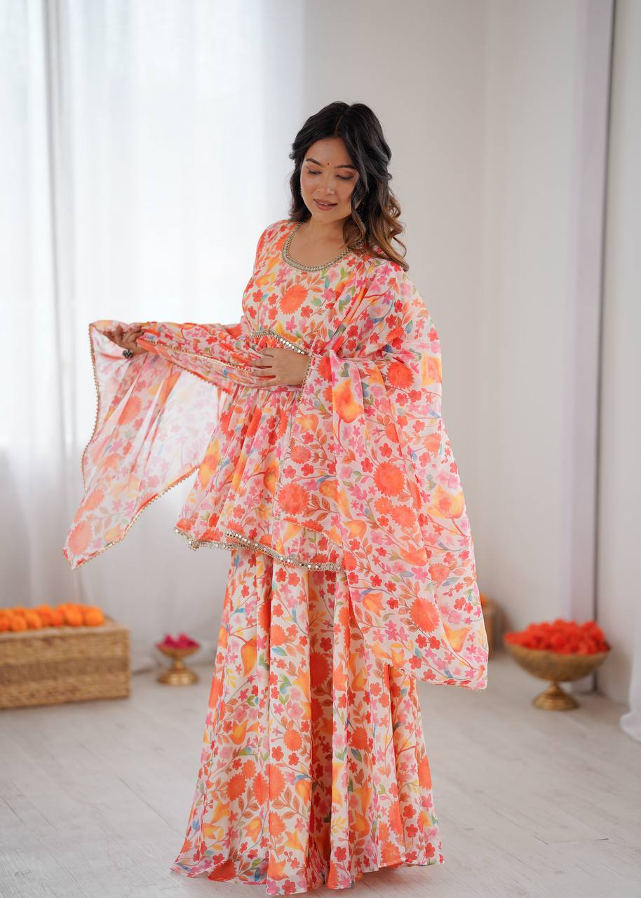 Floral Print Taby Organza Kediya Style Kurta with Palazzo and Dupatta