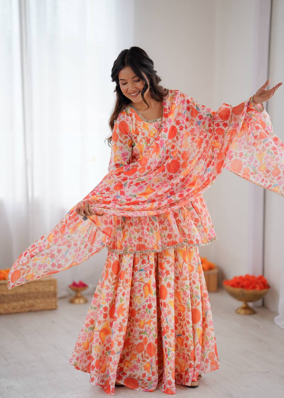 Floral Print Taby Organza Kediya Style Kurta with Palazzo and Dupatta
