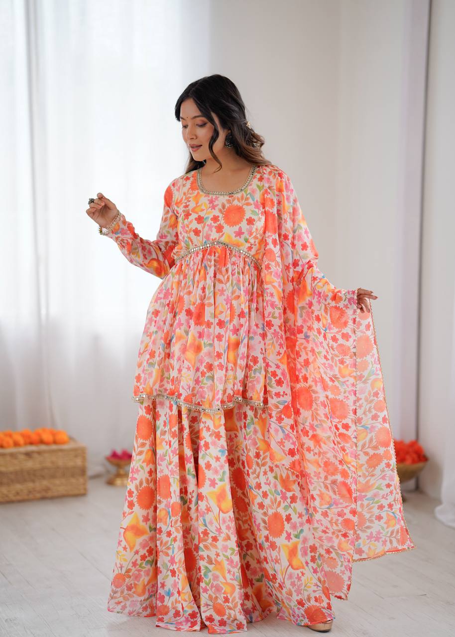 Floral Print Taby Organza Kediya Style Kurta with Palazzo and Dupatta